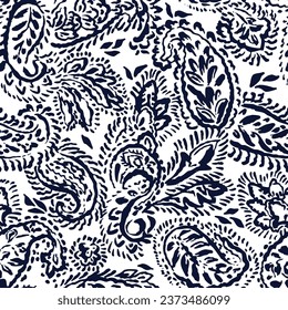 navy seamless vector texture paisley pattern of white