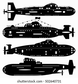 Navy. A set of paths submarines. Black and white illustration of a white background.