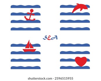 Navy set in red and blue. The waves of the sea with anchor, dolphin, sailboat and heart.