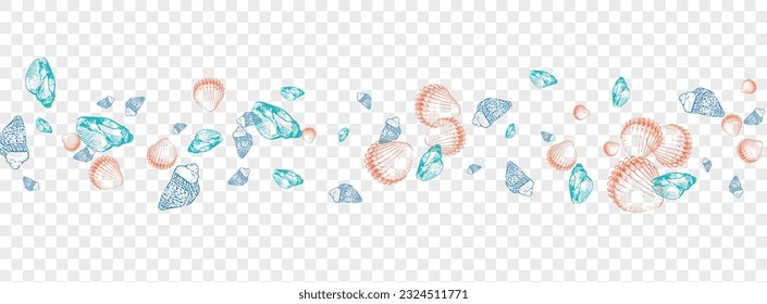 Navy Shellfish Background Transparent Vector. Starfish Doodle Wallpaper. Aquatic Texture. Gray Oyster Seamless Textile Card. Ultramarine Seashell.