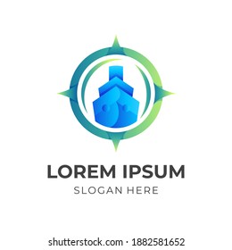 navy ship logo, compass and ship, combination logo with 3d blue and green color style