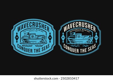 navy ship with sea waves retro badge logo design for sailors, cruises and adventure. nautical sailing boat or yachting with sea waves vintage emblem logo collection for shipping company business 