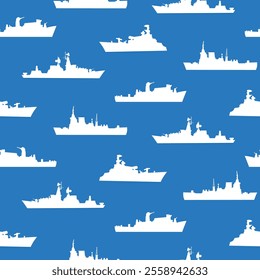 Navy ships, fleet naval cutters vector seamless pattern. Sea repeat illustration with white ships silhouettes on blue background