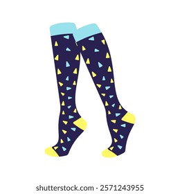 Navy socks with yellow triangles Illustration. Ideal for fashion projects, clothing catalogs, digital prints, or playful design themes.