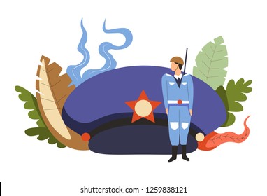 Navy soldier in blue uniform and cap with star among seaweed isolated icon marine in helmet army servant underwater plants ship war strong trained man work at world waters protection and safety vector