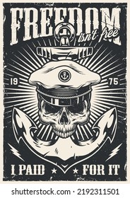 NAVY Soldier Poster Monochrome Vintage A Sunken SEAL Warrior In Sailor's Cap Skull And Anchor Of Warship Vector Illustration