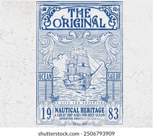 Navy stamp design. Vintage ship hand sketch for apparel, stickers, posters and background. Sailboat in the sea, Sea captain. Summer adventure artwork.