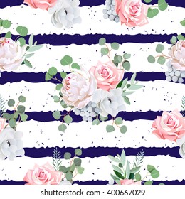 Navy striped print with bouquets of rose, peony, anemone, brunia flowers and eucalyptus leaves. Seamless vector pattern with speckled backdrop. 