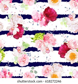 Navy striped print with bouquets of rose, peony, hydrangea, camellia, carnation and eucalyptus leaves. Seamless vector pattern with speckled backdrop.  All elements are isolated and editable