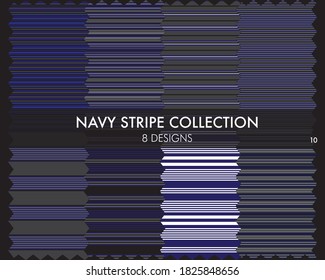 Navy striped seamless pattern collection includes 8 designs for fashion textiles, graphics