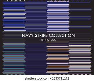 Die nahtlose Musterkollektion mit Navy-Streifen umfasst 8 Designs für Modetextilien, Grafiken