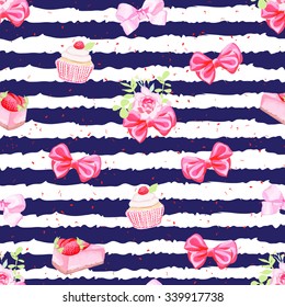 Navy striped seamless vector pattern with fresh pastries and red bows