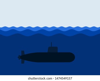 Navy submarine and boat is under water. Watercraft military vehicle. Blue wavy ocen and sea. vector illustration. 