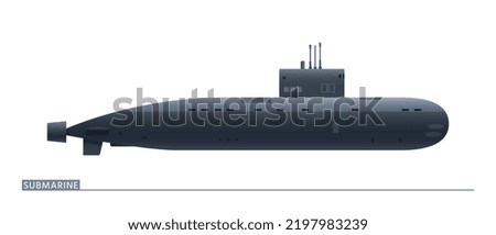 Navy submarine is in a side view with retractable special devices from the conning tower