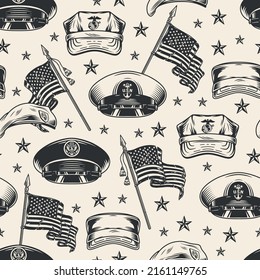 NAVY US pattern seamless monochrome vintage caps of SEAL officers and national flags soldiers military army naval force vector illustration