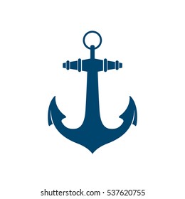 A navy vector anchor icon on a white background. This classic nautical symbol is illustrated in a simple flat style.