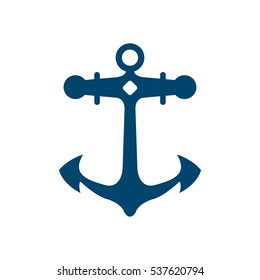 A navy vector anchor icon on a white background. This classic nautical symbol is illustrated in a simple flat style.
