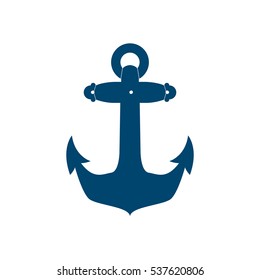 A navy vector anchor icon on a white background. This classic nautical symbol is illustrated in a simple flat style.