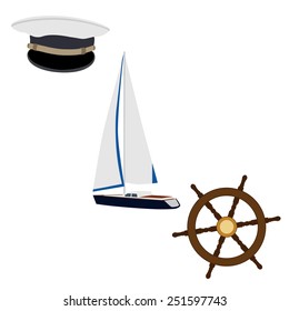 Navy vector icon set- luxury yacht, ship wheel and captain hat