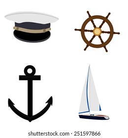 Navy vector icon set- luxury, race yacht, ship wheel, captain hat and anchor