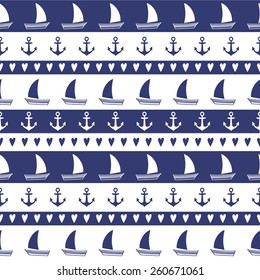 Navy vector seamless pattern: anchor, sailboat, heart. Cute nautical background. Marine life Background Collection. Baby shower vector illustration.