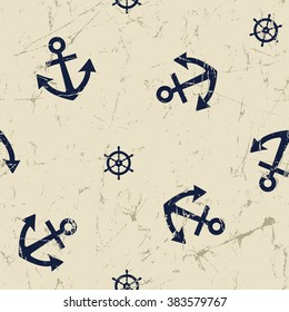 Navy vector seamless pattern: anchor and steering wheel. Cute 