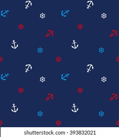 Navy vector seamless pattern: anchor and steering wheel. Cute