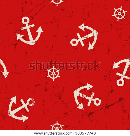 Navy vector seamless pattern: anchor and steering wheel. Cute 