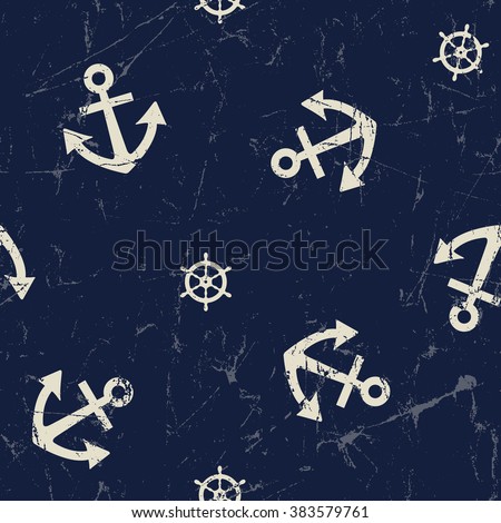 Navy vector seamless pattern: anchor and steering wheel. Cute 