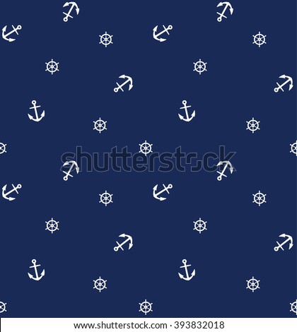 Navy vector seamless pattern: anchor and steering wheel. Cute