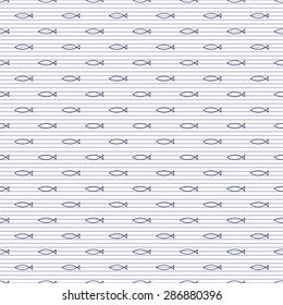 Navy vector seamless pattern with fish and stripes. Cute nautical background. Marine life Background. Baby shower vector illustration.