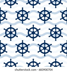 Navy vector seamless pattern: steering wheel. The wheel on the wavy strip background. 