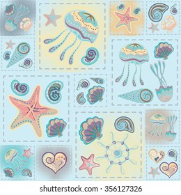 Navy vector seamless pattern. Waves, crab, wheel, anchor, star, heart