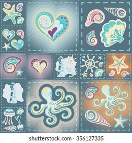 Navy vector seamless pattern. Waves, crab, wheel, anchor, star, heart
