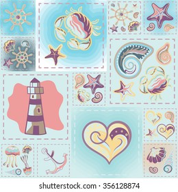 Navy vector seamless pattern. Waves, crab, wheel, anchor, star, heart