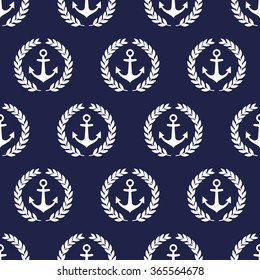 Navy vector seamless patterns with anchor and  laurel wreath. Cute nautical background.