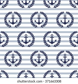 Navy vector seamless patterns with anchor and laurel wreath on striped background. Cute nautical background.