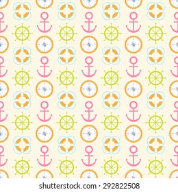 Navy vector seamless patterns - anchors, lifebuoy, handwheel and compass. Vector illustration. For cards, invitations, wedding or baby shower albums, backgrounds, arts and scrapbooks.