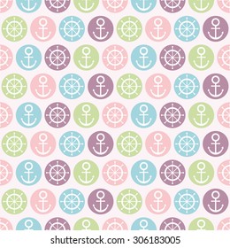 Navy vector seamless patterns - anchors, handwheel in colorful circles. Vector illustration. For cards, invitations, wedding or baby shower albums, backgrounds, arts and scrapbooks.