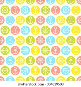 Navy vector seamless patterns - anchors, handwheel in colorful circles. Vector illustration. For cards, invitations, wedding or baby shower albums, backgrounds, arts and scrapbooks.