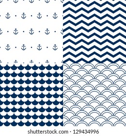 Navy vector seamless patterns set: scallop, waves, anchors, chevron