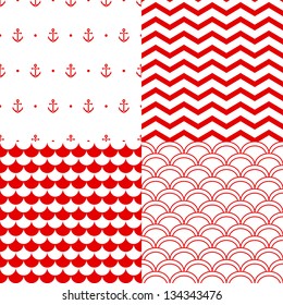 Navy vector seamless patterns set in red and white: scallop, waves, anchors, chevron