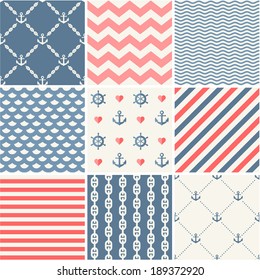 Navy vector seamless patterns set: waves, anchors, chains and strips