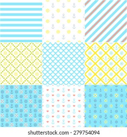 Navy vector seamless patterns set: waves, anchors, strips, handwheel. Vector illustration. The frame is removed. 