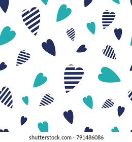 Navy vector seamless patterns wave heart. Cute nautical backgrounds. Endless summer vacation ocean template for wallpaper, pattern fills, web, surface textures, fabric, textile, package design, wrap