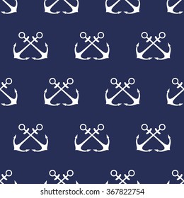 Navy vector seamless patterns with white crossed anchors on dark blue background. Cute nautical background.