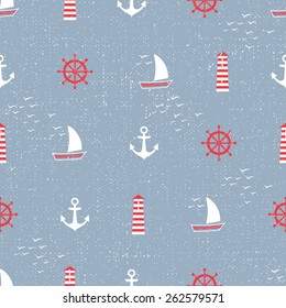  Navy vector seamless sea pattern: anchor, sailboat, lighthouse, steering wheel, seagull. Cute nautical background. Marine life Background Collection. Baby shower vector illustration..