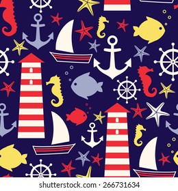 Navy vector seamless sea pattern: sailboat, lighthouse, seagull, fish, anchor, seahorse. Cute nautical background. Marine life Background Collection. Baby shower vector illustration..