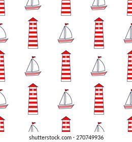 Navy vector seamless sea pattern: sailboat, lighthouse. Cute nautical background. Marine life Background Collection. Baby shower vector illustration.