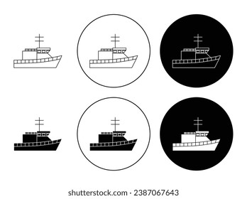 Navy warship vector set. Army boat battleship icon in black color.